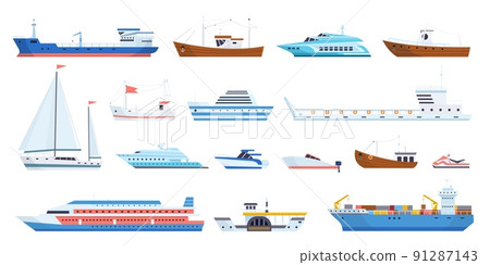 Big and little sea ships. Fishing boat cruise liner sail yacht, barge transporting ship types, ocean transport tanker sailboat steamboat motor vessel, neoteric vector illustration Big and little sea ships. Fishing boat cruise liner sail yacht, barge transporting ship types, ocean transport tanker sailboat steamboat motor vessel, neoteric vector illustration 91287143