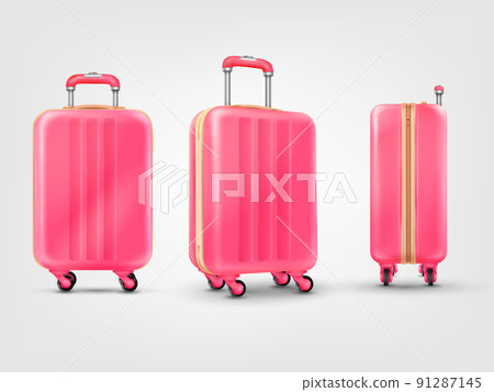 Realistic suitcase wheels. 3d isolated luggages, traveler baggage travel case trolley mockup plastic luggage handle baggages for hotel airport tourist bag 91287145
