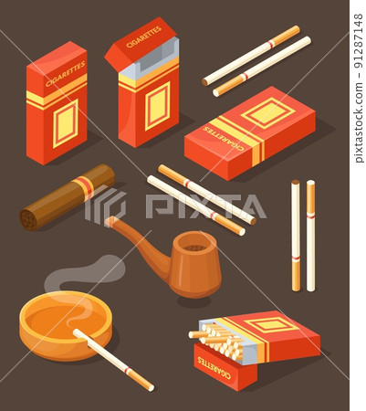 Isometric cigarette. Pack cigar or cigarettes filter on ashtray, 3d tobacco box warning addiction smoker tube package or packet cigars fire ash, isolated neat vector illustration 91287148