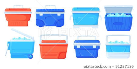 Cooler boxes. Summer ice bag camping beach picnic, portable fridge for cold food drinks cool beer, mobile refrigerator cube travel thermal delivery box, neat vector illustration Cooler boxes. Summer ice bag camping beach picnic, portable fridge for cold food drinks cool beer, mobile refrigerator cube travel thermal delivery box, neat vector illustration 91287156