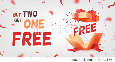 Free prize 3d. Giveaway gifts shopping offer trendy banner, buy 1 get 2 bonus box promo ads leaflet sale poster winning giving reward giftbox confetti explosion vector illustration 91287166