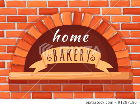 Home bakery oven. Brick stone firewood stove for baking bread, cooking italian pizza cheese on fire wood, creative logo restaurant furnace baker fireplace, neat vector illustration Home bakery oven. Brick stone firewood stove for baking bread, cooking italian pizza cheese on fire wood, creative logo restaurant furnace baker fireplace, neat vector illustration 91287186