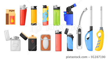 Gasoline lighters. Cartoon plastic petrol lighter, cheap ignition tool ignite cigarette gas kitchen tool, light fire flame color cigar accessories, cartoon neat vector illustration 91287190