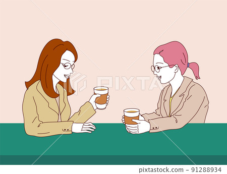 [矢量] 兩個戴眼鏡的女人和一件泰勒夾克一邊喝咖啡一邊說話的插圖 91288934