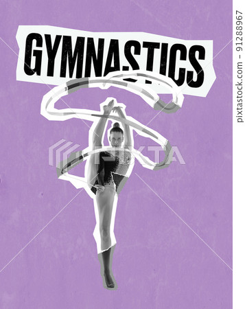 Flexible rhythm gymnast with ribbon over lilac color background with lettering. Sport, healthy lifestyle, movement, advertising. Magazine style design 91288967
