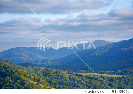 mountain landscape on a sunny afternoon. forested hills rolling down in to the valley in evening light. distant summit beneath a cloudy sky mountain landscape on a sunny afternoon. forested hills rolling down in to the valley in evening light. distant summit beneath a cloudy sky 91289042