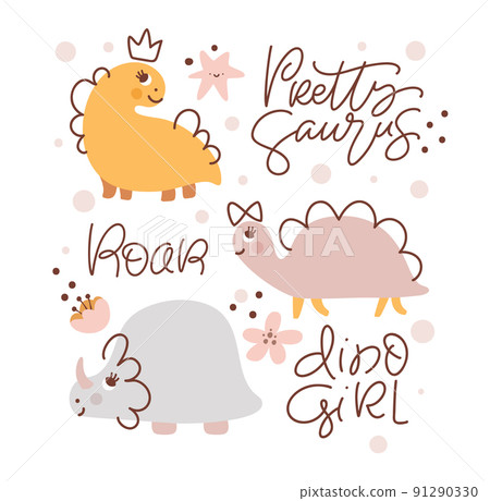 Cute vector kids Greeting card with dinosaur and baby text Pretty Saurus, Dino Girl, Roar. Cartoon woman scandinavian style illustration. For children party Cute vector kids Greeting card with dinosaur and baby text Pretty Saurus, Dino Girl, Roar. Cartoon woman scandinavian style illustration. For children party 91290330