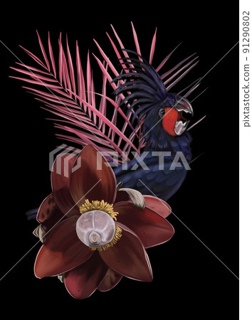 Bird of Paradise. Tropical bouquet. palm cockatoo, palm leaves and banana flower. realistic illustration. 91290802