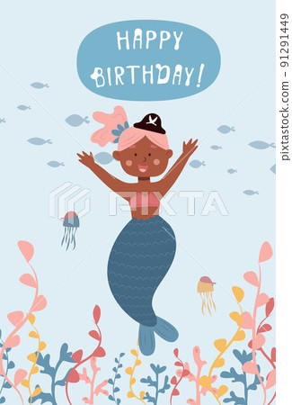 Happy birthday card with african american mermaid - a pirate 91291449