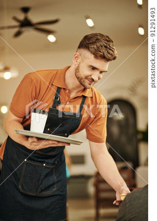 Waiter Bringing Dessert to Customer 91291493