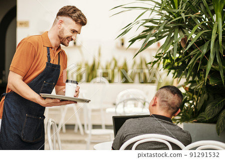 Waiter Bringing Cup of Coffee to Freelancer Waiter Bringing Cup of Coffee to Freelancer 91291532