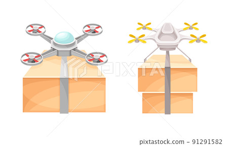 Drones flying with package boxes set. Modern delivery service technology, autonomous logistics vector illustration Drones flying with package boxes set. Modern delivery service technology, autonomous logistics vector illustration 91291582