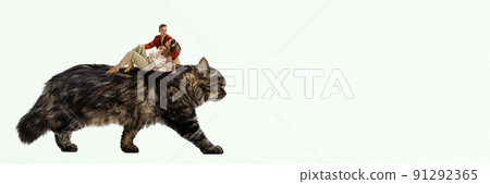 Contemporary art collage. Creative design. Young loving couple in stylish retro outfit moving on giant cat. Flyer image. Contemporary art collage. Creative design. Young loving couple in stylish retro outfit moving on giant cat. Flyer image. 91292365