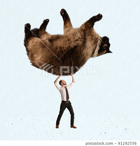 Contemporary art collage. Surreal artwork. Businessman in official clothes holding giant cat isolated over light blue studio background Contemporary art collage. Surreal artwork. Businessman in official clothes holding giant cat isolated over light blue studio background 91292556