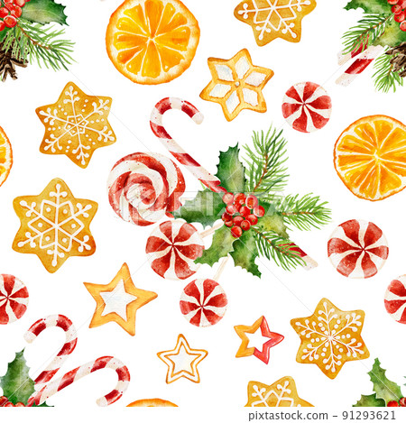 Seamless pattern with watercolor christmas candies, orange, holly and gingerbread cookie isolated on white background. Seamless pattern with watercolor christmas candies, orange, holly and gingerbread cookie isolated on white background. 91293621