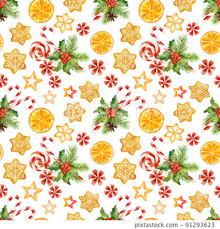 Seamless pattern with watercolor christmas candies, orange, holly and gingerbread cookie isolated on white background. 91293623