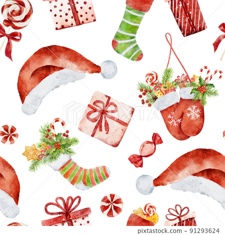 Seamless pattern with watercolor christmas gift boxes, mittens, christmas socks with presentsand other elements isolated on white background. Seamless pattern with watercolor christmas gift boxes, mittens, christmas socks with presentsand other elements isolated on white background. 91293624