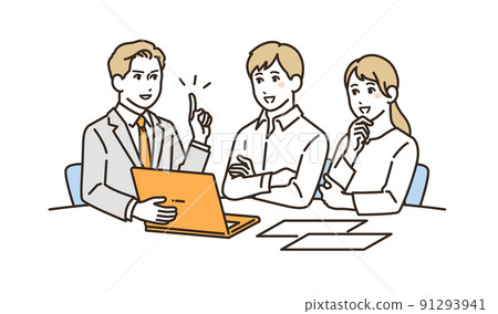 一對年輕夫婦與穿西裝的男子協商解釋的矢量圖解 91293941