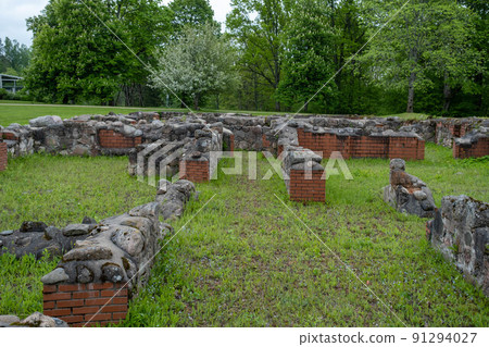 Stone foundation of an old ruined house or building Stone foundation of an old ruined house or building 91294027