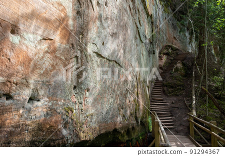 sandstone cliffs is approximately one kilometre long and is located on the left side of the primeval valley of the River Gauja. Latvia. 91294367