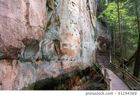 sandstone cliffs is approximately one kilometre long and is located on the left side of the primeval valley of the River Gauja. 91294369