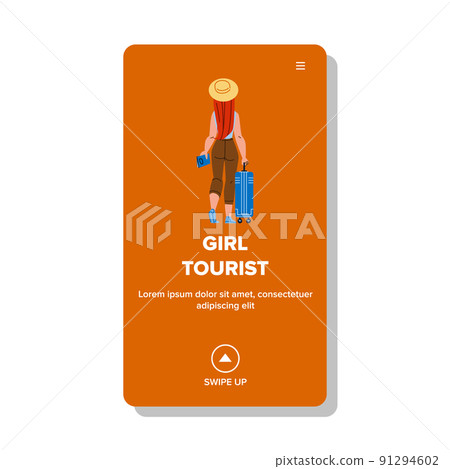 Girl Tourist Walk With Luggage In Airport Vector Girl Tourist Walk With Luggage In Airport Vector 91294602