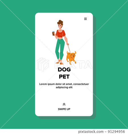 Dog Pet And Girl Walking Together Outdoor Vector 91294956