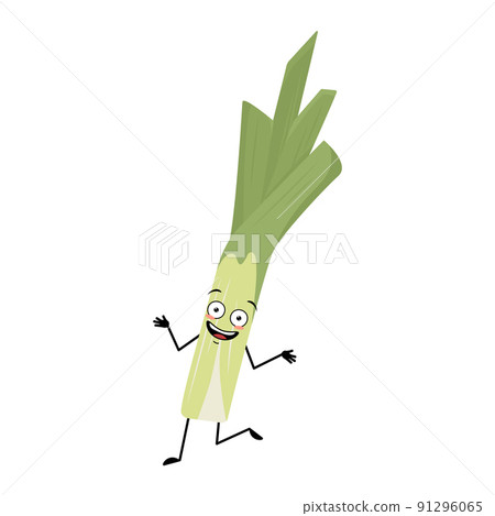 Cute green leek character with crazy joyful emotions, happy face, smile eyes, dancing arms and legs. Healthy vegetable with funny expression and posture, rich in vitamins. Vector flat illustration 91296065