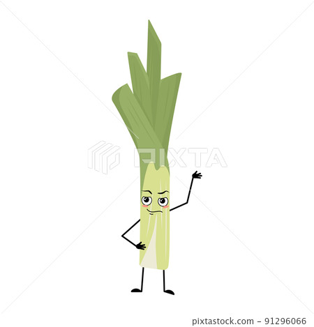 Cute green leek character with emotions of hero, brave face, arms and leg. Healthy vegetable with courage expression and posture, rich in vitamins. Vector flat illustration 91296066