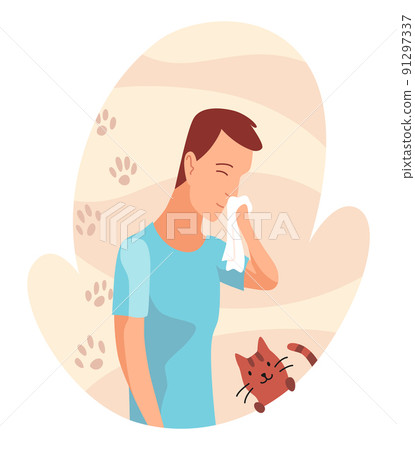 Allergic reactions concept. Symptoms of disease. Man with hypersensitivity and reaction of immune system. Male neezes or blows nose in handkerchief 91297337