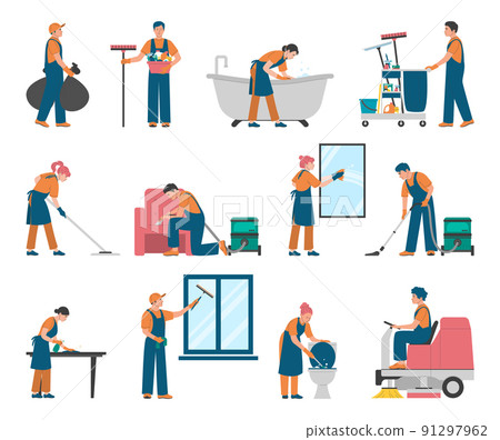 Collection of people in uniform doing professional cleaning Collection of people in uniform doing professional cleaning 91297962