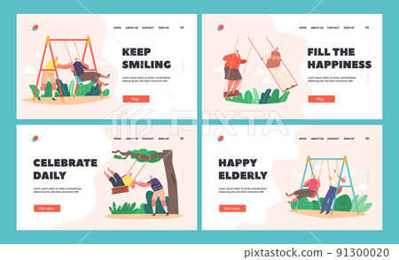 Funny Senior Characters Swing Landing Page Template Set. Old Man and Woman Having Outdoors Fun Swinging on Seesaw 91300020