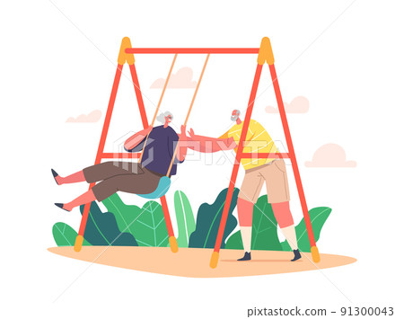 Funny Pensioners Swinging on Teeter-totter, Elderly Characters Playing and Fun Together. Old Loving Couple Outdoor Fun Funny Pensioners Swinging on Teeter-totter, Elderly Characters Playing and Fun Together. Old Loving Couple Outdoor Fun 91300043