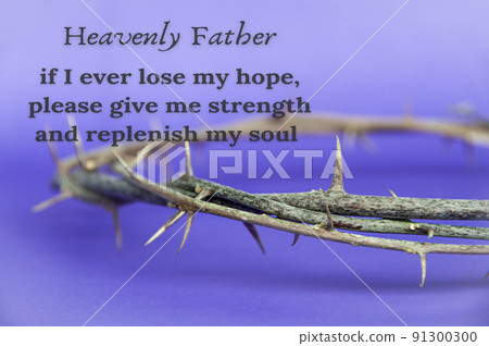 Christian prayer text with crown of thorns on purple cover background. Christianity concept. Christian prayer text with crown of thorns on purple cover background. Christianity concept. 91300300