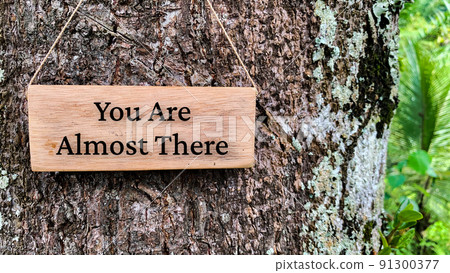 Inspirational quote text on wooden banner - You are almost there. With tree and nature background. 91300377