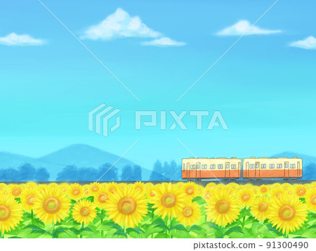 Summer sunflower field scenery, running train,... - Stock Illustration ...