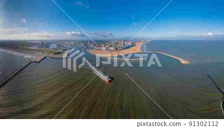 Drone panorama over the harbor and skyline of the city of Oostende Drone panorama over the harbor and skyline of the city of Oostende 91302112