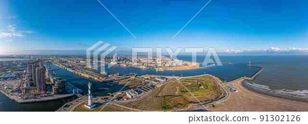 Drone panorama over the harbor and skyline of the city of Oostende Drone panorama over the harbor and skyline of the city of Oostende 91302126