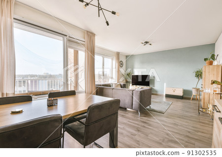 Interior of living room with comfortable sofa and TV against windows in contemporary apartment 91302535
