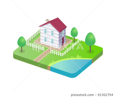 Modern House 3D Vector Isolated, Cottage Building Modern House 3D Vector Isolated, Cottage Building 91302704