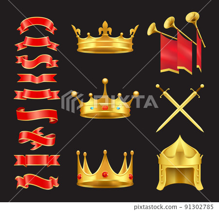 Ribbon and Crowns Swords Set Vector Illustration Ribbon and Crowns Swords Set Vector Illustration 91302785