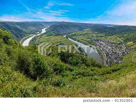 View of the Mosel loop near the village of Bremm in Rhineland-Palatinate 91302801