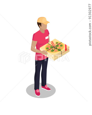 Delivery Man with Pizza Box Vector Illustration 91302977