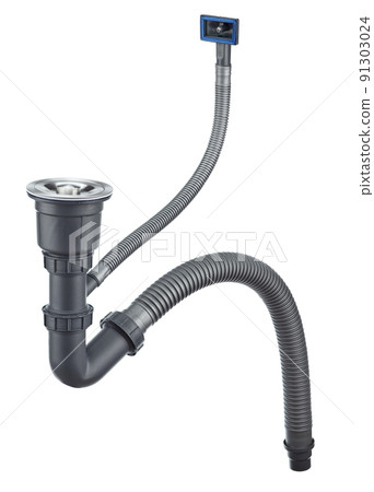 Drain system for the kitchen sink is made of gray plastic, equipped with an overflow assembly, isolated on a white background. Drain system for the kitchen sink is made of gray plastic, equipped with an overflow assembly, isolated on a white background. 91303024