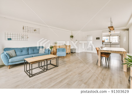 Interior of living room with comfortable sofa and TV against windows in contemporary apartment Interior of living room with comfortable sofa and TV against windows in contemporary apartment 91303629