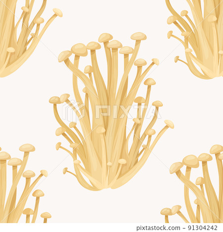 Vector Seamless Pattern with Enoki Mushroom on White. Seamless Texture, Hand Drawn Cartoon Enoki Mushrooms Bush. Design Template for Textile, Wall Paper. Flammulina Velutipes. Mushroom Print 91304242