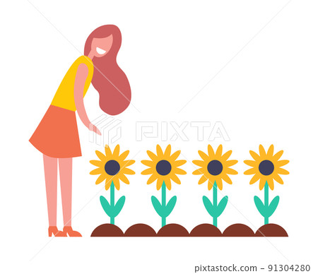 Woman Working in Garden with Flowers, Cartoon Icon Woman Working in Garden with Flowers, Cartoon Icon 91304280