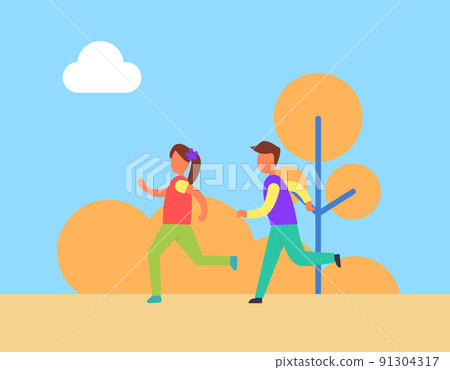 Children Boy Girl Jogging Vector Illustration 91304317