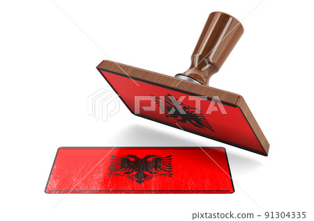 Wooden stamper, seal with Albanian flag, 3D rendering Wooden stamper, seal with Albanian flag, 3D rendering 91304335
