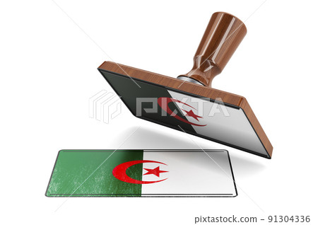 Wooden stamper, seal with Algerian flag, 3D rendering Wooden stamper, seal with Algerian flag, 3D rendering 91304336